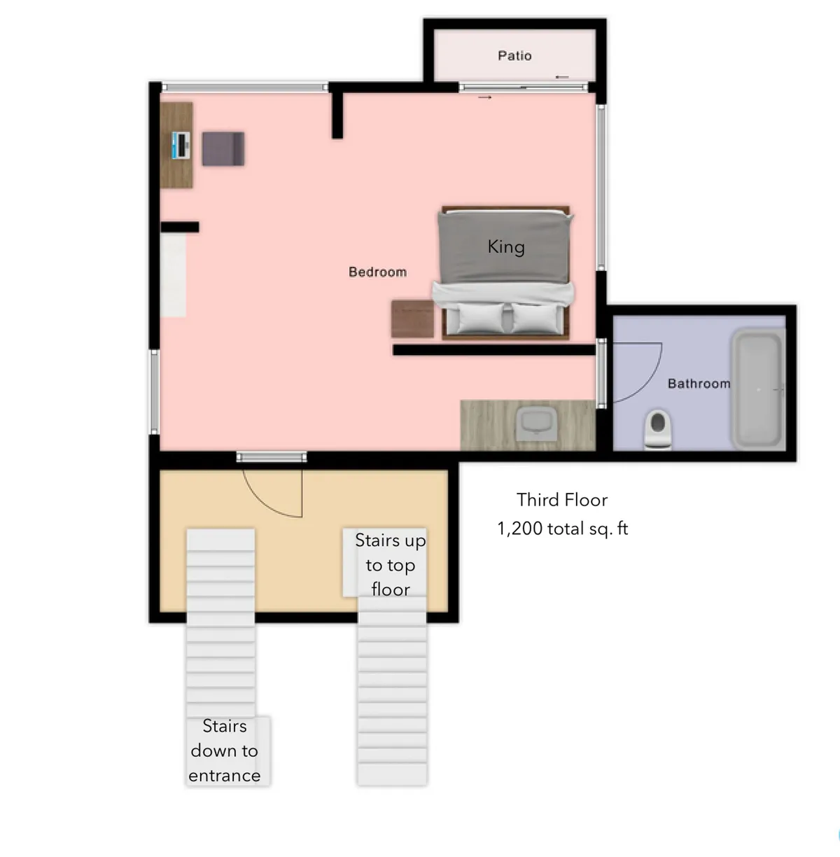 A cozy master bedroom features a king bed with plush bedding, complemented by a window streaming sunlight, an adjacent bathroom, and stairs leading up to a private deck. The soft colors and inviting textures create a restful, tranquil atmosphere ideal for relaxation.