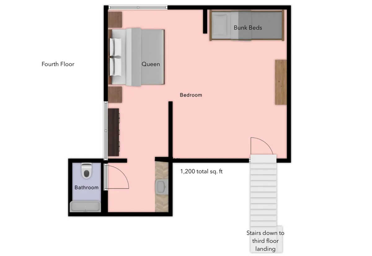 A spacious bedroom designed for families or groups, featuring a queen bed, bunk beds, and an en suite bathroom. The arrangement allows for both adults and children to have comfortable sleeping arrangements, with cozy touches and warm lighting making it feel inviting.