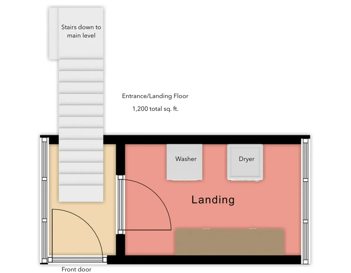 This image features a transitional landing area with stairs leading down to the main level. At the heart of the scene are a washer and dryer, emphasizing the presence of in-unit laundry facilities. The space is functional yet inviting, hinting at the practicality of moving from outdoor adventures directly into a clean, organized environment.
